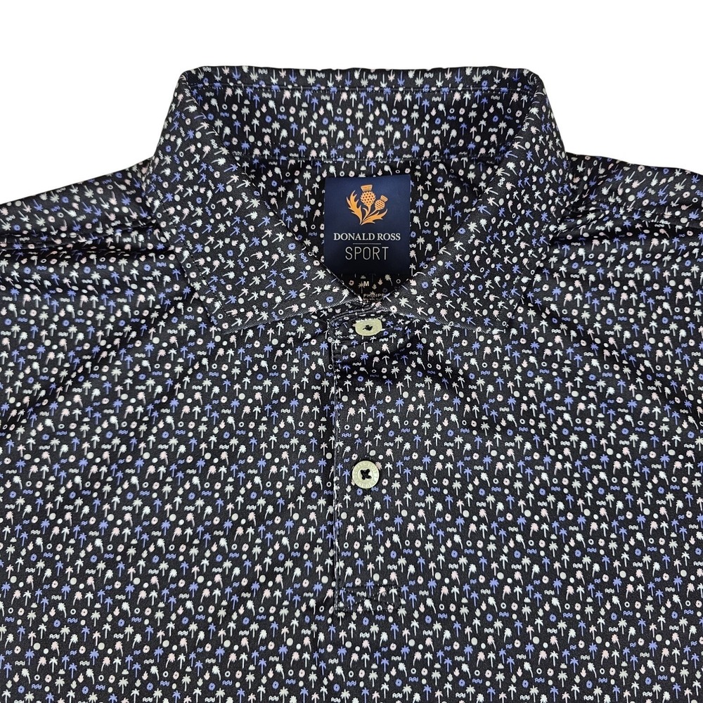 Donald Ross Golf Polo Shirt Mens Medium Black/Blue Palm Tree Print